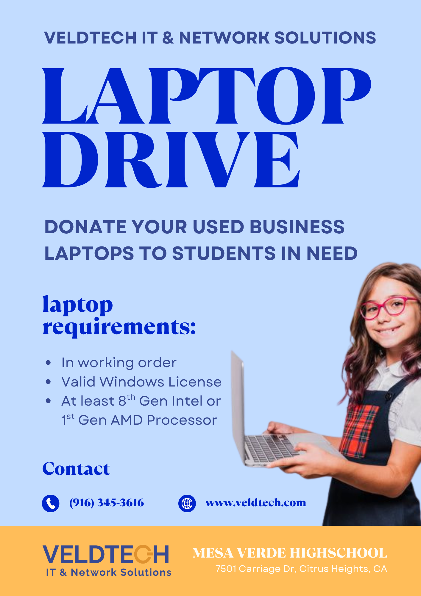 Promotional flyer for the Veldtech Laptop Drive for local high school seniors